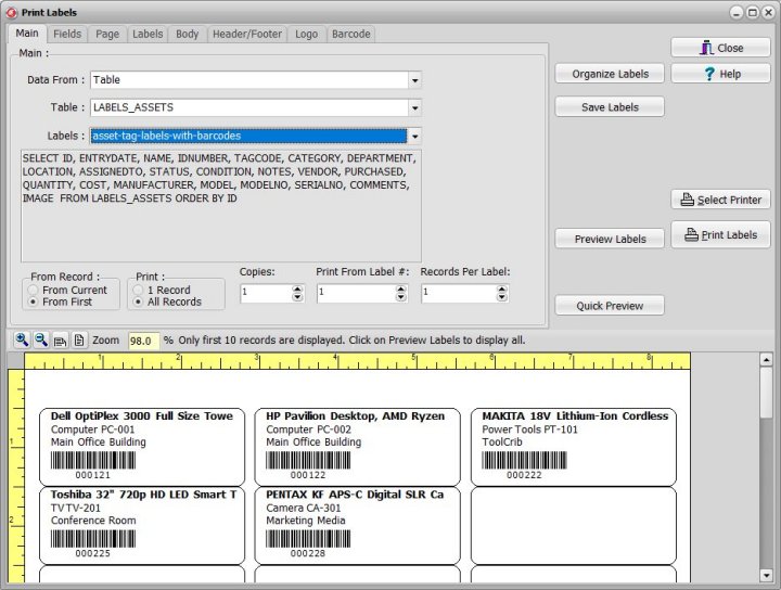 labels organizer asset tag label with barcode