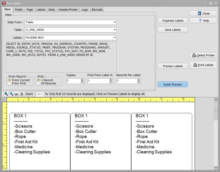 labels organizer: box, packing list labels