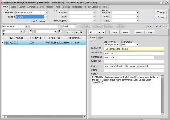 Personnel database; forms, documents table