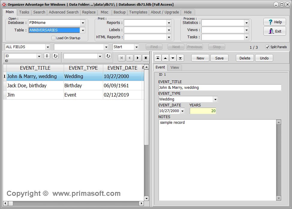 PIM Home template; main database application window
