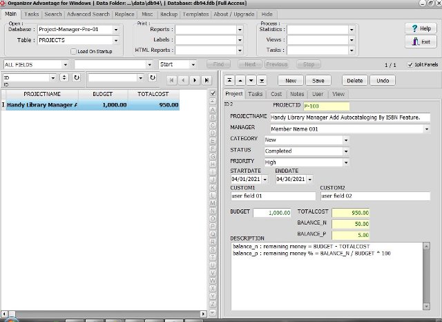 Project database; table project