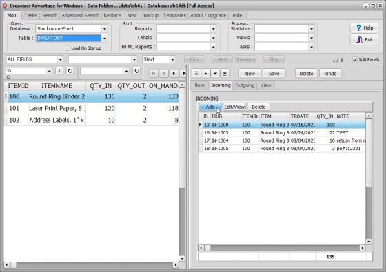 Stockroom template; inventory table, record incoming