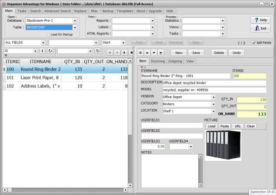 Stockroom template; inventory table