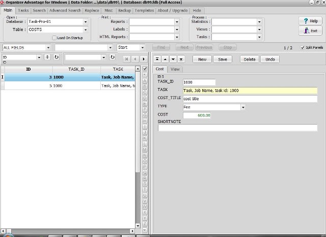 Task database; table task costs