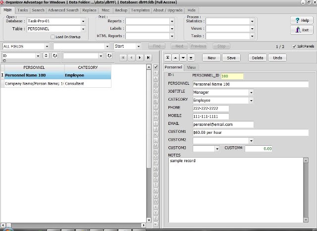 Task database; table personnel