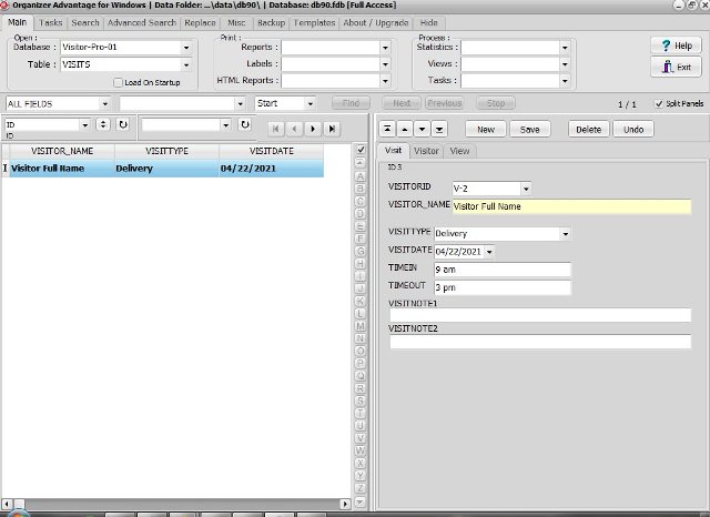 Visitor database; table visits