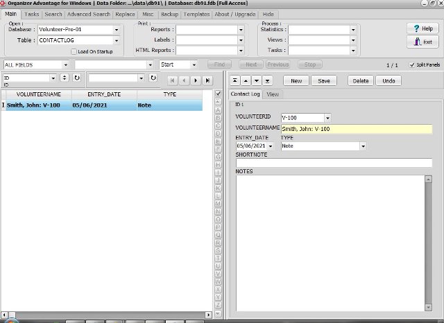 Volunteer database; table contact log