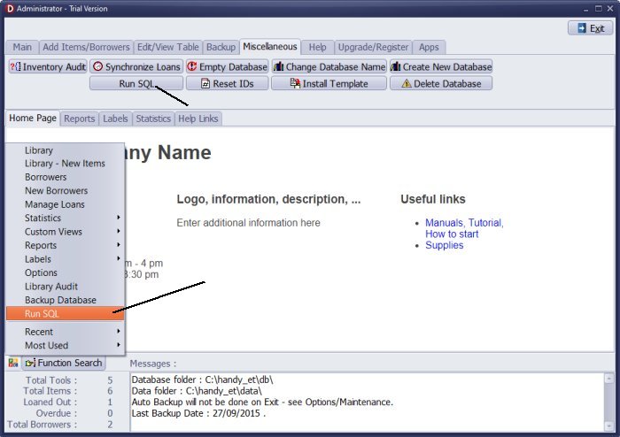 equipment database, run sql command, how to access