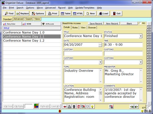 agenda main screen