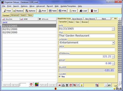 credit card transactions manager, database