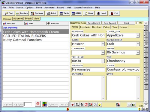 recipe database, software, organizer