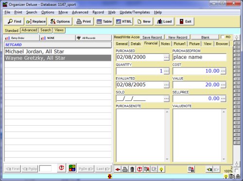 sport card organizer, database, inventory software