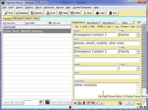 database template, contacts