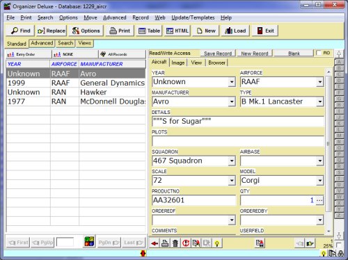 aircraft collector database, aircraft inventory, aircraft template