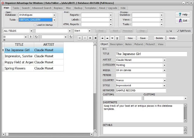 art antiques software virtual gallery database