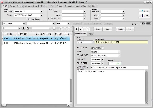 asset inventory database maintenance log table