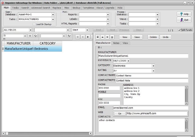 asset inventory database manufacturers table