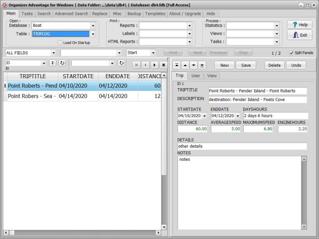 boat software trip log database