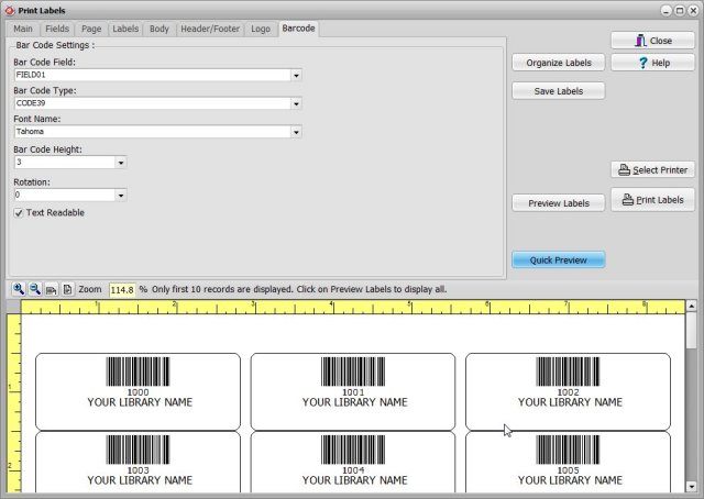 book database, print 1000 barcode labels