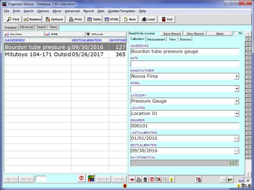 simple equipment calibration log database