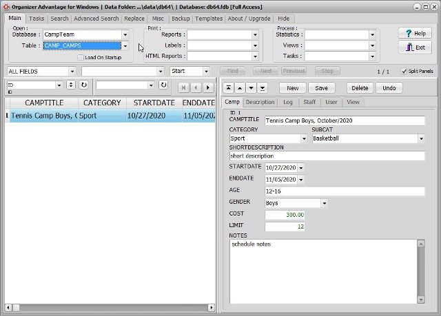 camp team software camp camps database
