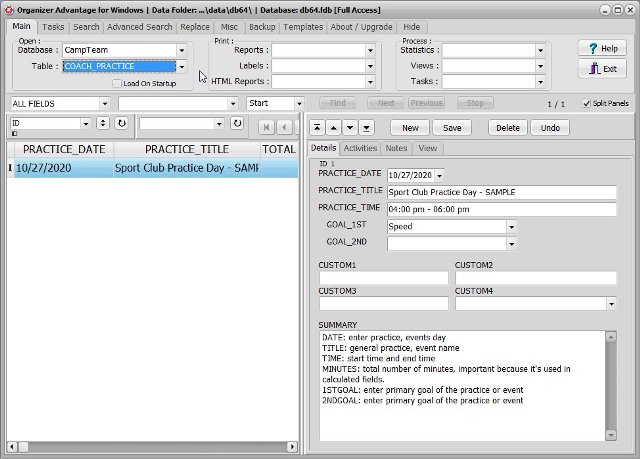 camp team software coach practice database