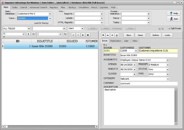 customer database service issues table