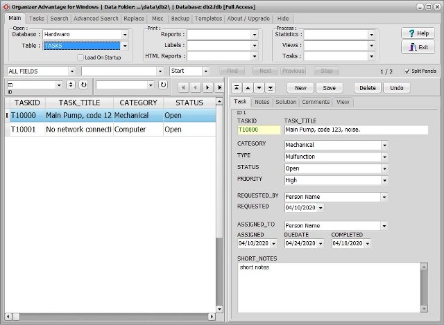 hardware software task log database