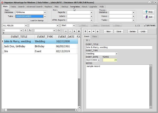 pim home software anniversaries database
