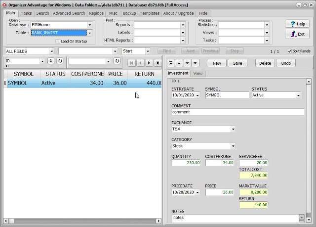 pim home software bank investment database