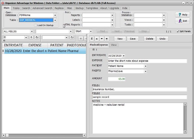 pim home software expenses medical database