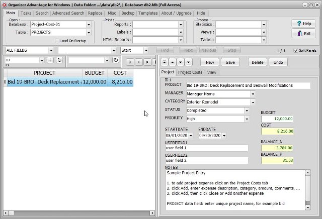 template: project cost manager business project database