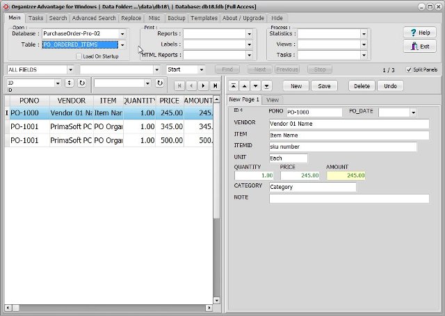 template: purchase order 2 business ordered items database