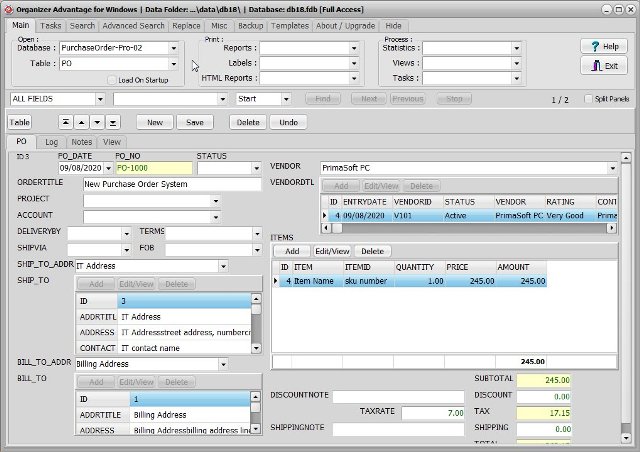 template: purchase order 2 business po database