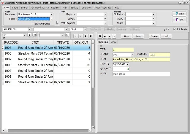 template: stockroom 2 business outgoing items database