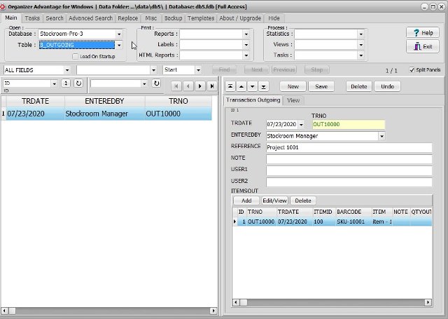 template: stockroom 3 business outgoing items database