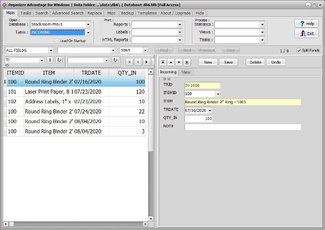 stockroom database incoming items table