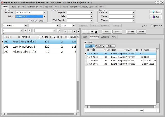 stockroom database inventory table