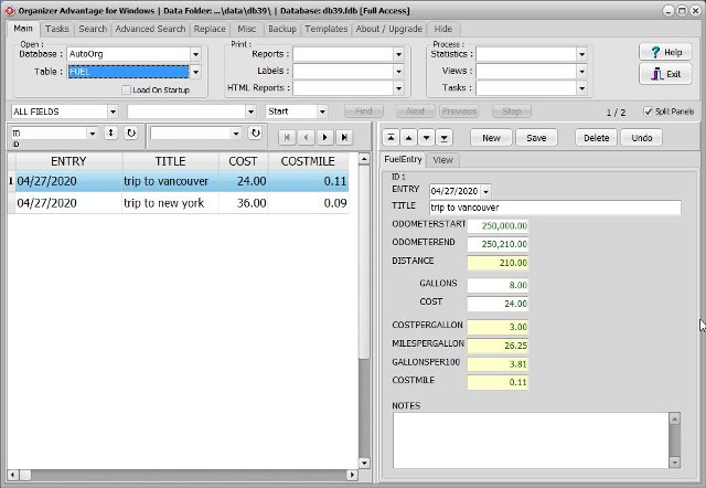 vehicle expenses software fuel exp database