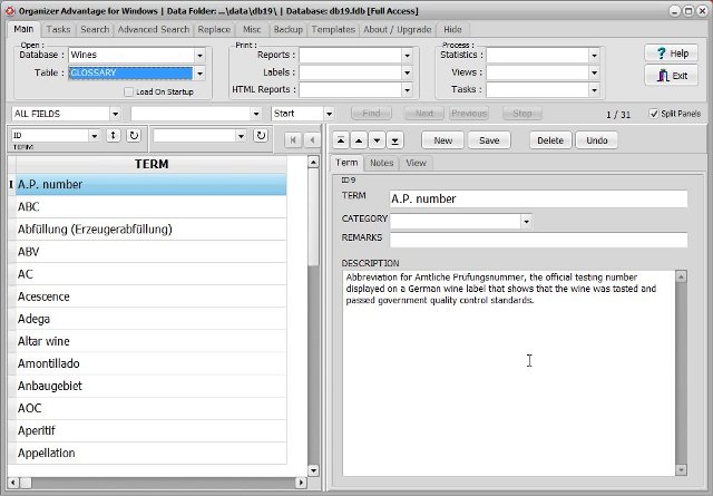 wine software wine glossary database
