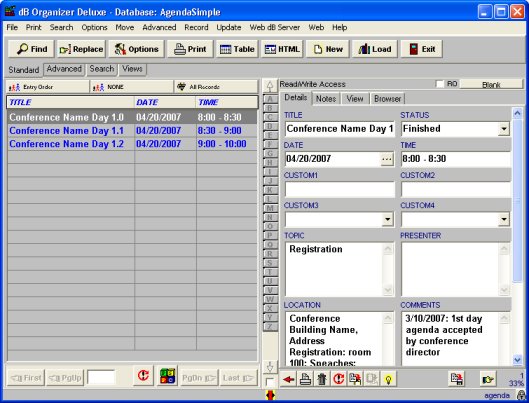 agenda main screen