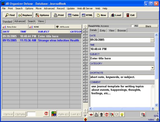 journal diary manager, database