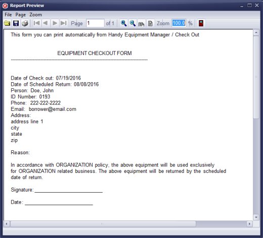 equipment checkout form