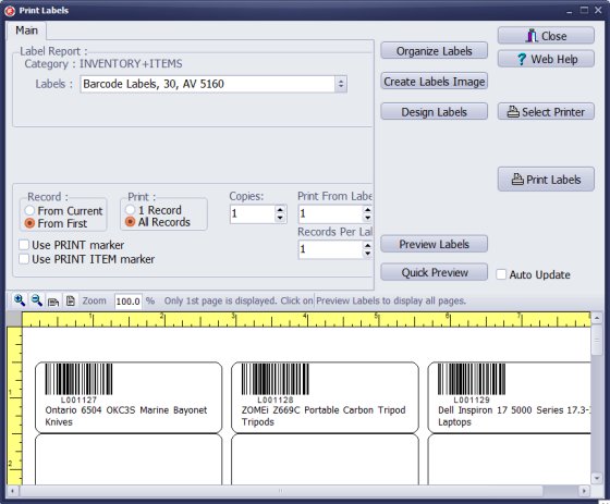 print new equipment bar code labels