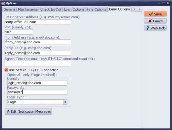 equipment tracking: email options for office365 smtp