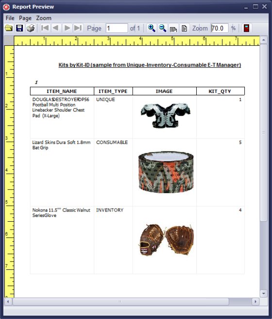 kit report sample, with inventory and consumable items