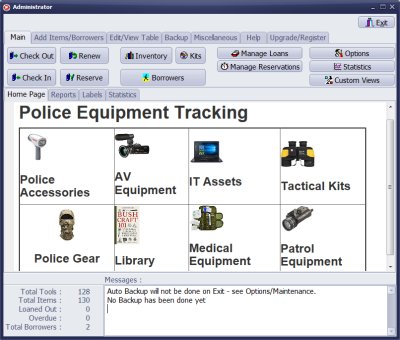 police equipment tracking with check in and check out