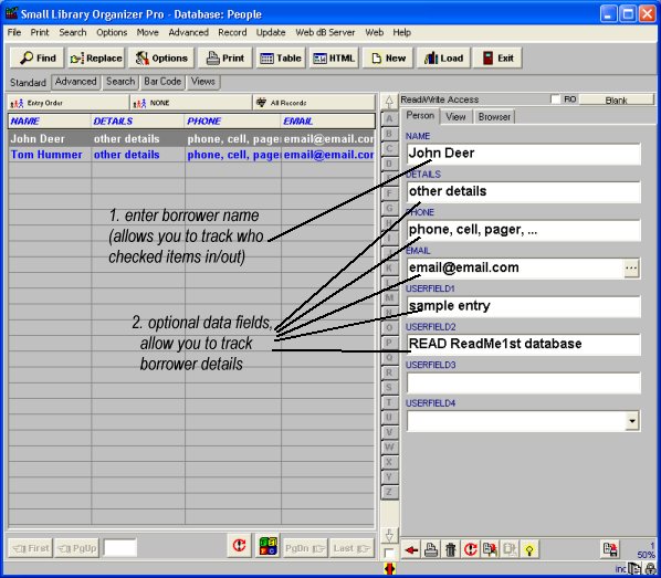 check in, out inventory system, borrowers database