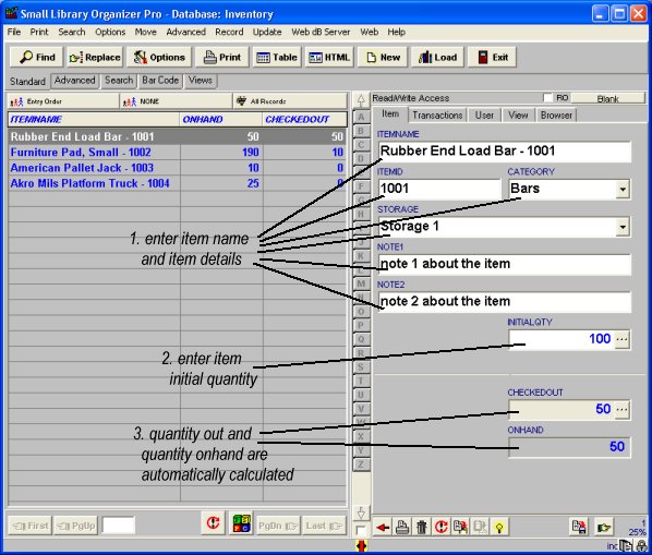 check in, check out inventory system, enter items