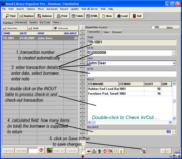 inventory system check in, check out transaction